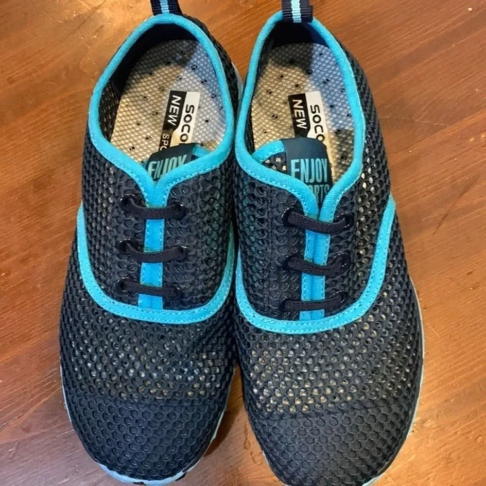 Socone Mesh Water Shoes Navy Blue Turquoise Trim Quick Dry [Size US‎ 4 EU 36]]